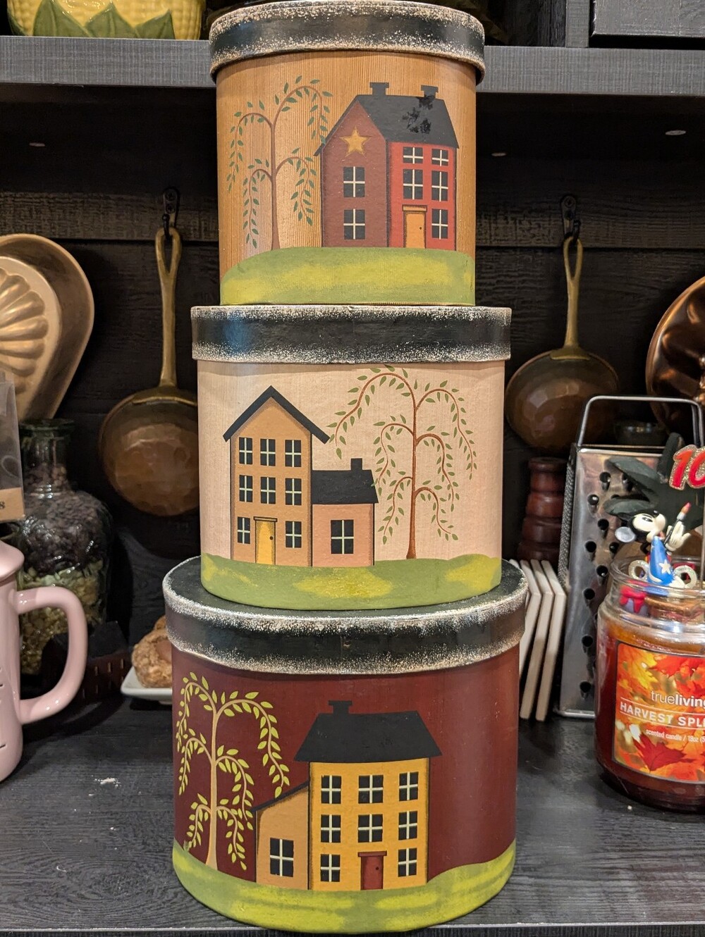Primitive Folk Art Paper Mache Nesting Boxes Set of 3 Shaker House Willow Tree - Picture 2 of 13